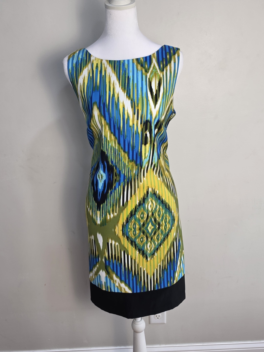 Alyx Sleeveless Ikat Midi Dress in Blue, Green, Yellow with Black Hem